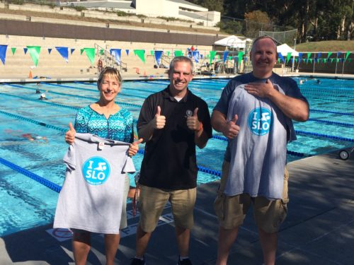 Shawn Tucker, Aquatics Coordinator, gives us our official t-shirts for completing the SLO Swim Center 100 Mile Challenge / 2016.